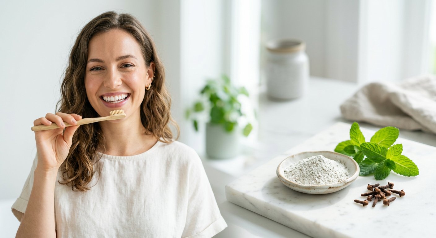 Bamboo toothbrush, clay tooth powder, mint and cloves for natural dental care