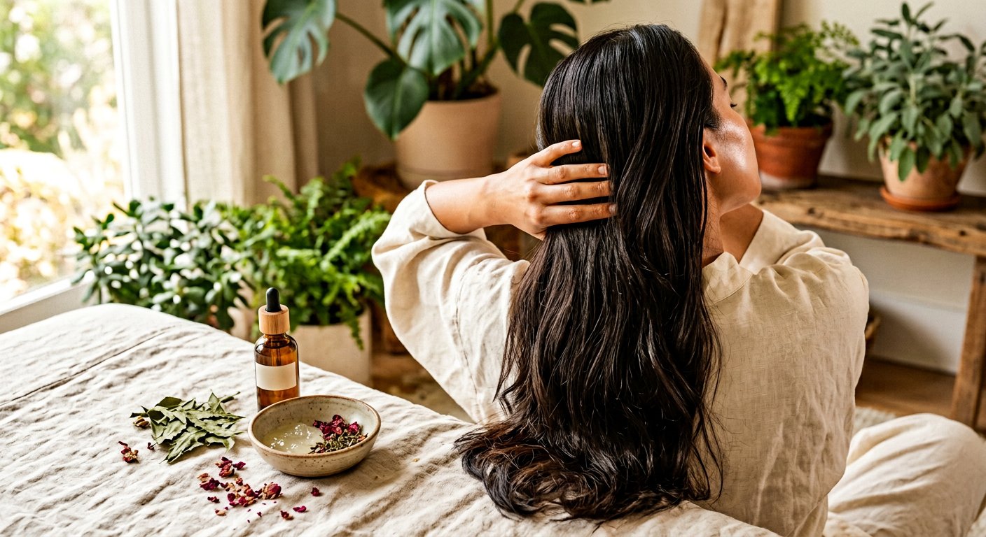 Aloe vera, herbal oil, rose petals and neem leaves for hair and skin care
